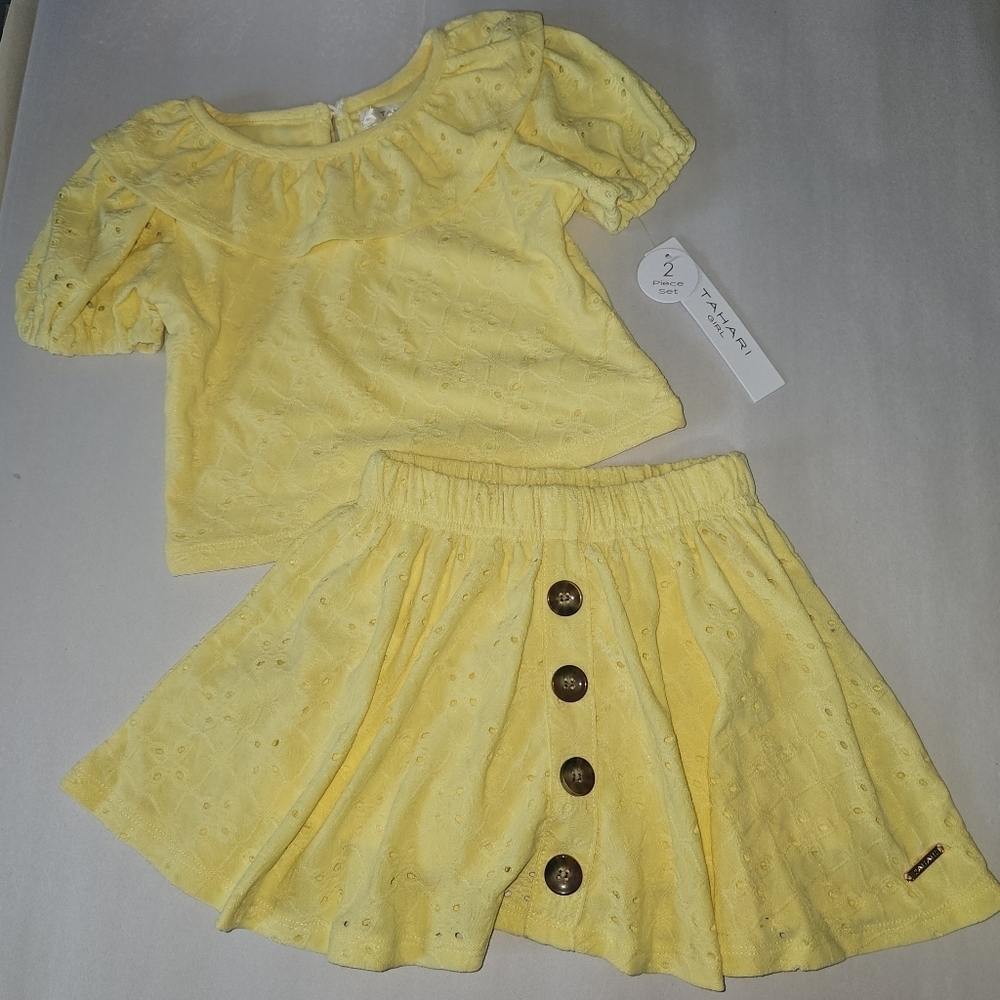 Tahari Girl Yellow Eyelet 2 Piece Set Ruffle Top and Button Skirt Toddler 3T NEW